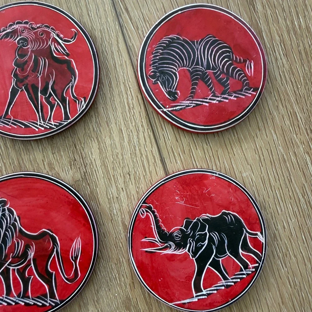 African Soapstone Coaster Set of 6 with Holder Red Black Etched Safari Animals